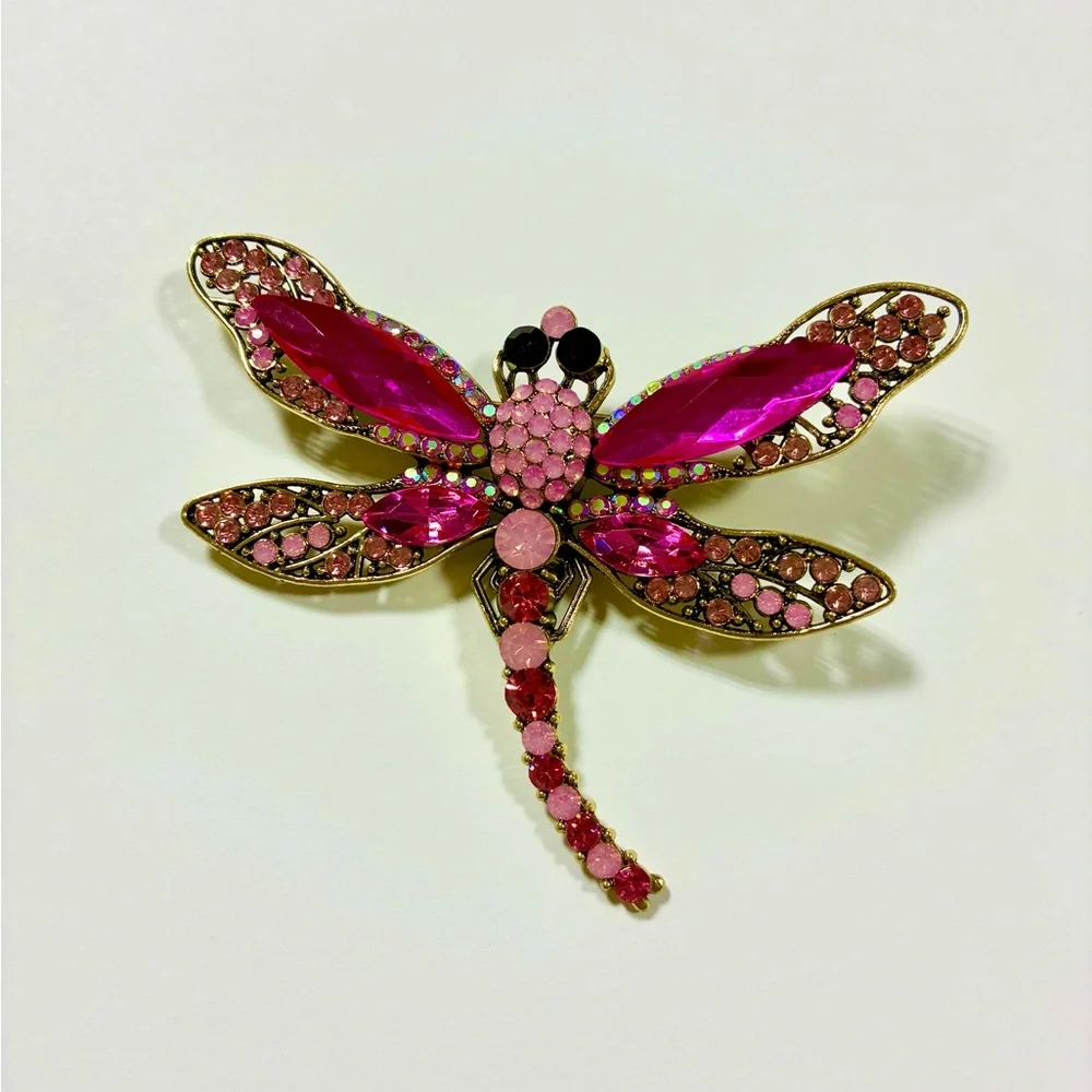 Vintage gemstone antique embellished dragonfly brooch pin pink gold barbiecore